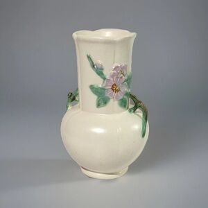 Vintage Weller Pottery F-7 Floral Double Handle White Vase 10” Tall Stunning